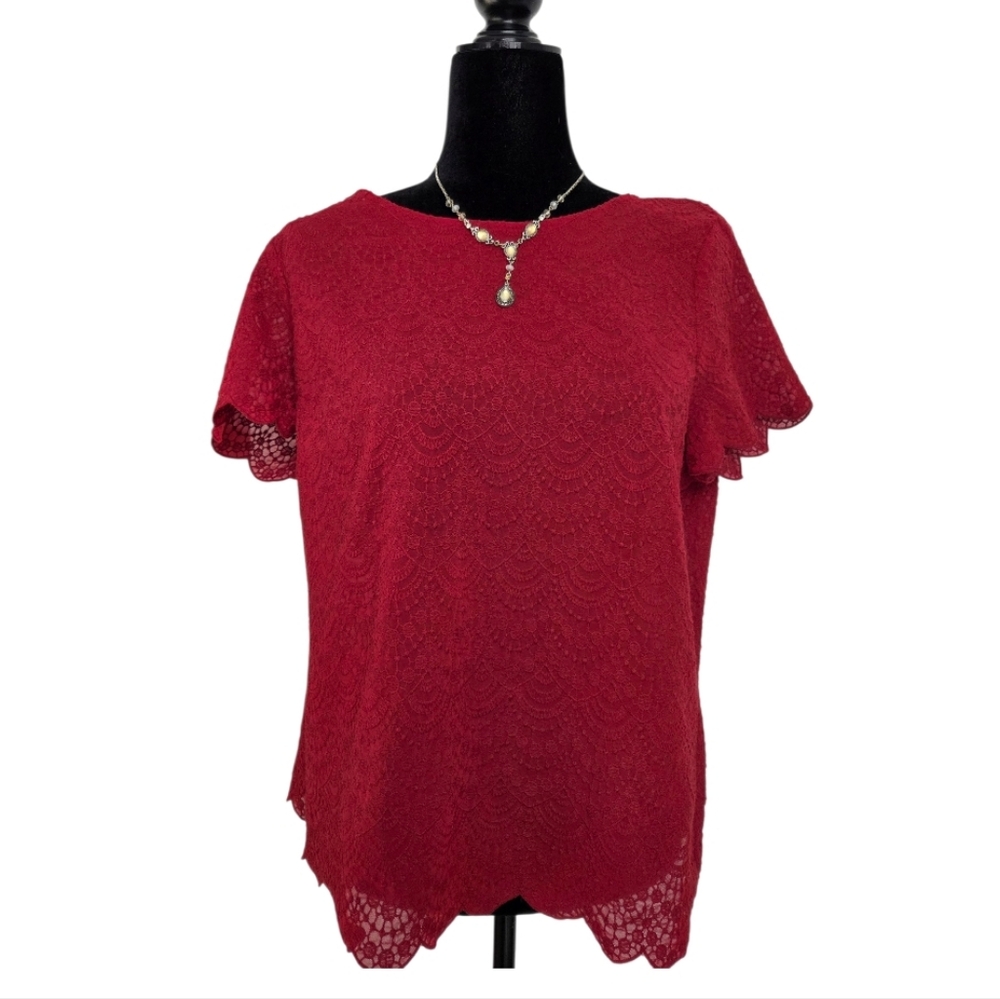Loft Lace Scalloped Edge Short Sleeve Top Sheer Red Tie Neck Size LP